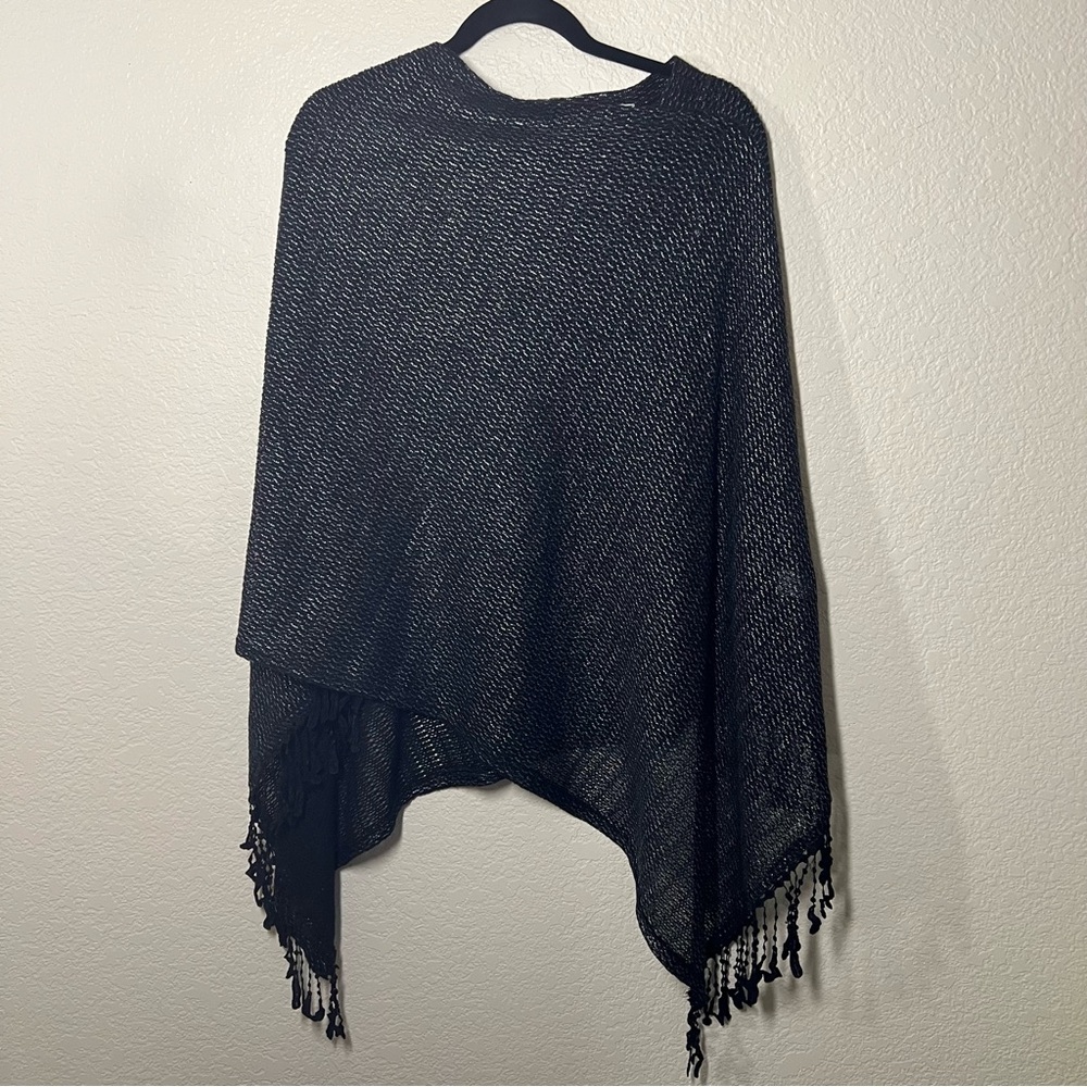 Alberto Makali Chic Black Knit Poncho with Fringe S/M